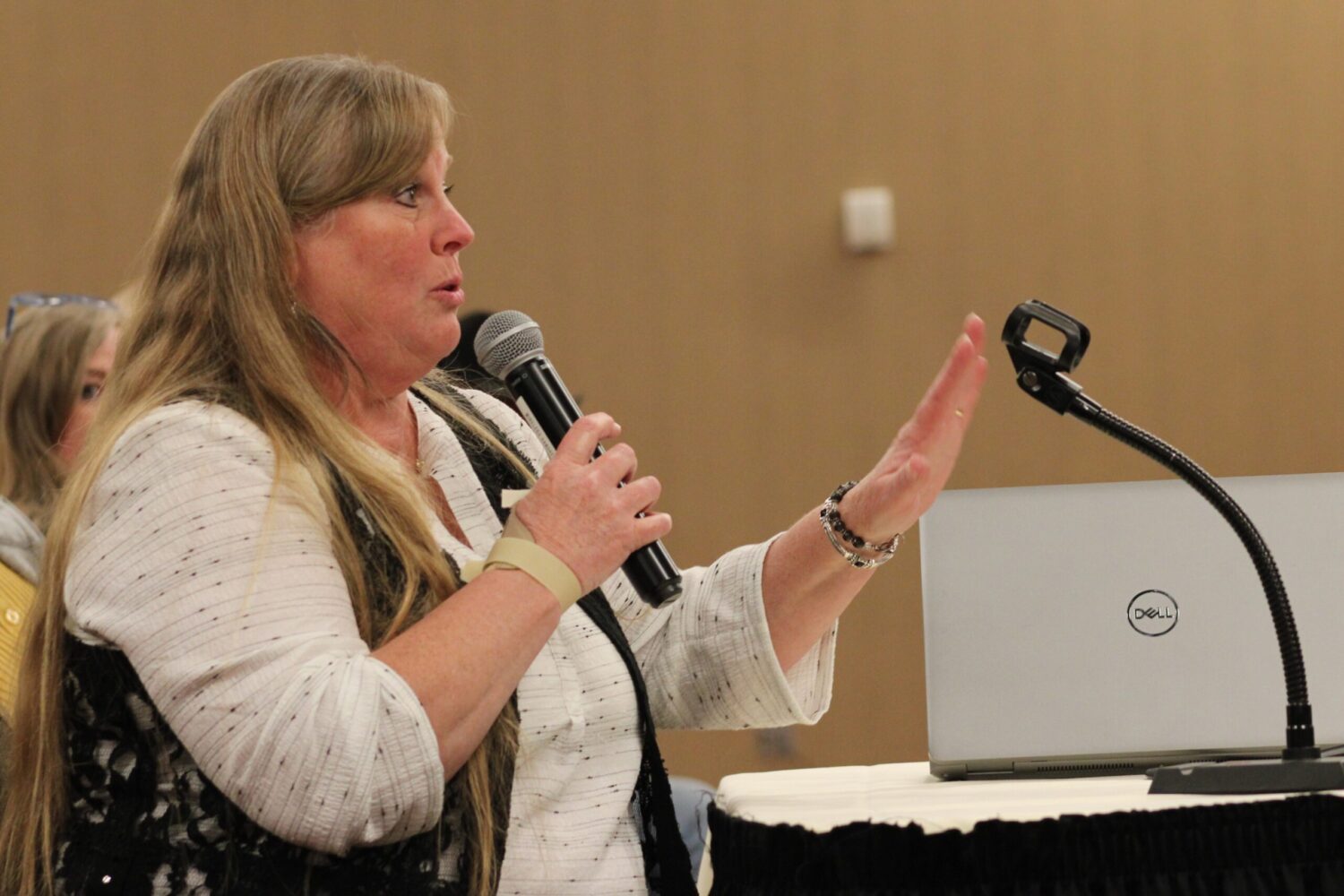 Former legislator Julie Frye-Mueller, R-Rapid City, speaks during a Comprehensive Property Tax Task Force meeting on July 16, 2025, at the Ramkota in Rapid City. (Seth Tupper/South Dakota Searchlight)