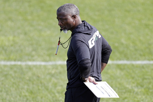 New York Jets head coach Aaron Glenn looks on during an NFL football training camp, Wednesday, July 23, 2025, in Florham Park, N.J. (AP Photo/Adam Hunger)