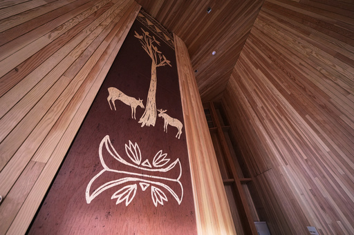 Wabanaki artwork is displayed in the Tekakapimək Contact Station, Jan. 7, 2025, at the Katahdin Woods and Waters National Monument in northern Maine.(AP Photo/Robert F. Bukaty)