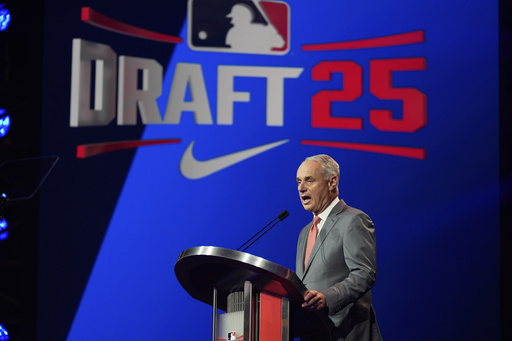 MLB Commissioner Rob Manfred speaks during the first round of the MLB baseball draft Sunday, July, 13, 2025 in Atlanta. (AP Photo/Mike Stewart)