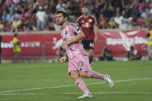 Inter Miami's Lionel Messi (10) looks into the stands after scoring a goal during the second half of an MLS soccer match [against the New York Red Bulls Saturday, July 19, 2025, in Harrison, N.J. (AP Photo/Frank Franklin II)