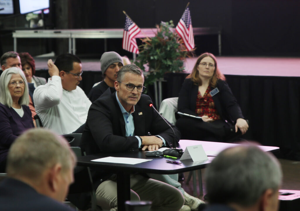 Sioux Falls Mayor Paul TenHaken speaks to the Project Prison Reset group on April 3, 2025, at the Military Heritage Alliance in Sioux Falls. (John Hult/South Dakota Searchlight)