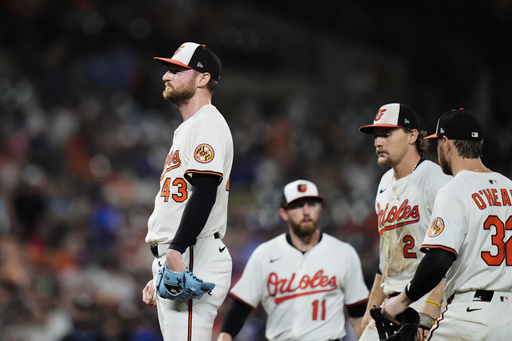 Baltimore Orioles relief pitcher Bryan Baker (43) leaves the mound in a pitching substitution after giving up four runs during the eighth inning of a baseball game against the New York Mets, Tuesday, July 8, 2025, in Baltimore. (AP Photo/Stephanie Scarbrough)