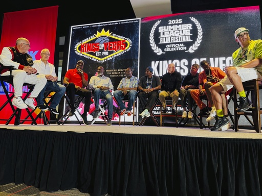 Retired NBA player and current coach Stacey Augmon speaks during a Q&A after previewing the "UNLV: Runnin' Rebels" documentary during the Summer League Film Festival, Saturday, July 19, 2025, in Las Vegas (AP Photo/Jonathan Landrum Jr.)