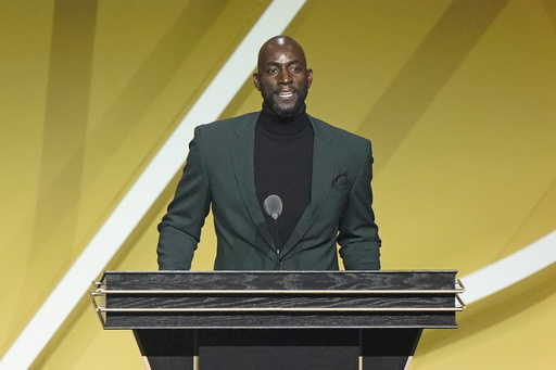 FILE - Kevin Garnett speaks as he is enshrined in the 2020 class of the Basketball Hall of Fame, Saturday, May 15, 2021, in Uncasville, Conn. (AP Photo/Kathy Willens, file)