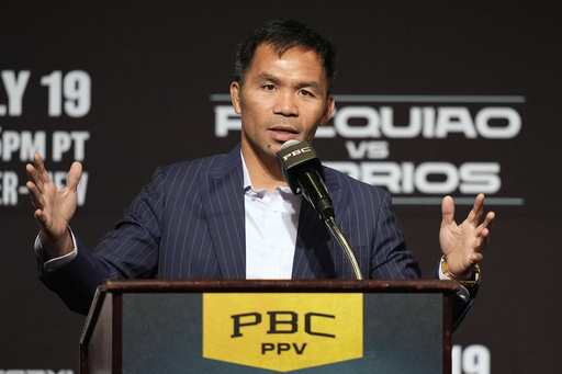 Manny Pacquiao speaks during a news conference Wednesday, July 16, 2025, in Las Vegas. (AP Photo/John Locher)
