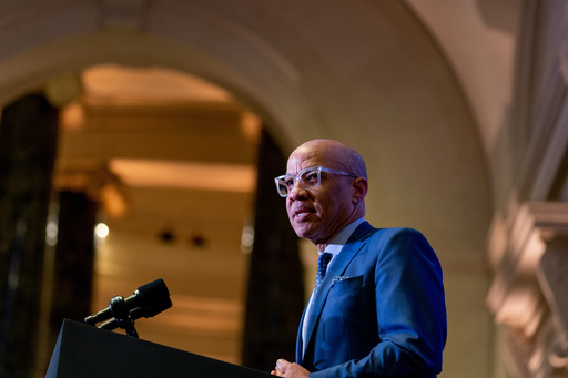 FILE - Ford Foundation President Darren Walker speaks at the opening of the Afro-Atlantic Histories exhibit at the Smithsonian's National Gallery of Art in Washington, April 7, 2022. (AP Photo/Andrew Harnik, File)