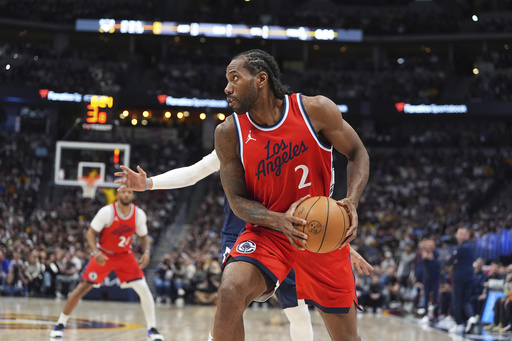 FILE - Los Angeles Clippers forward Kawhi Leonard (2) in the second half of Game 2 of a first-round NBA playoff series April 21, 2025, in Denver. (AP Photo/David Zalubowski, File)