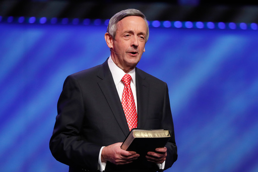 FILE - Senior Pastor Dr. Robert Jeffress addresses attendees at First Baptist Church Dallas during a Celebrate Freedom Rally in Dallas, June 28, 2020. (AP Photo/Tony Gutierrez, File)