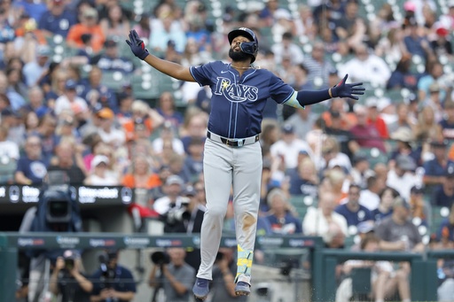 Tampa Bay Rays' Junior Caminero celebrates his home run against the Detroit Tigers during the seventh inning of a baseball game Wednesday, July 9, 2025, in Detroit. (AP Photo/Duane Burleson)