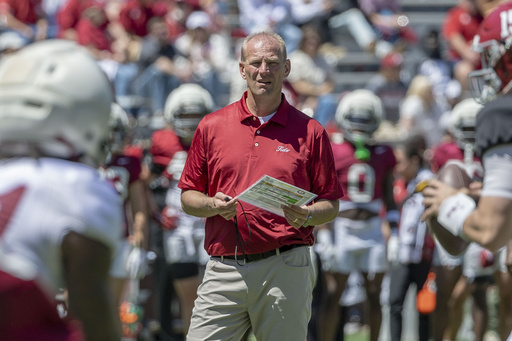 FILE - Alabama head coach Kalen DeBoer watches during Alabama's A-Day NCAA college football practice and autograph session, Saturday, April 12, 2025, in Tuscaloosa, Ala. (AP Photo/Vasha Hunt, File)