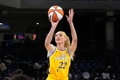 FILE - Los Angeles Sparks' Cameron Brink shoots during the team's WNBA basketball game against the Chicago Sky, May 30, 2024, in Chicago. (AP Photo/Charles Rex Arbogast, File)