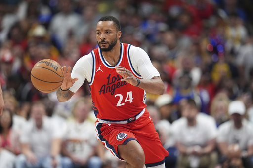 FILE - Los Angeles Clippers guard Norman Powell (24) in the second half of Game 7 of an NBA basketball first-round playoff series May 3, 2025, in Denver. (AP Photo/David Zalubowski, File)