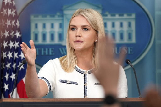 White House press secretary Karoline Leavitt speaks with reporters in the James Brady Press Briefing Room at the White House, Thursday, July 17, 2025, in Washington. (AP Photo/Alex Brandon)