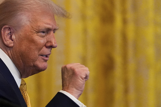 President Donald Trump raises his fist after speaking during a reception for Republican members of Congress in the East Room of the White House, Tuesday, July 22, 2025, in Washington. (AP Photo/Julia Demaree Nikhinson)