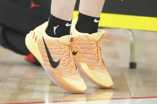 New York Liberty's Sabrina Ionescu shoes are pictured during the 3-point contest at the WNBA All-Star basketball weekend, Friday, July 18, 2025, in Indianapolis. (AP Photo/Michael Conroy)