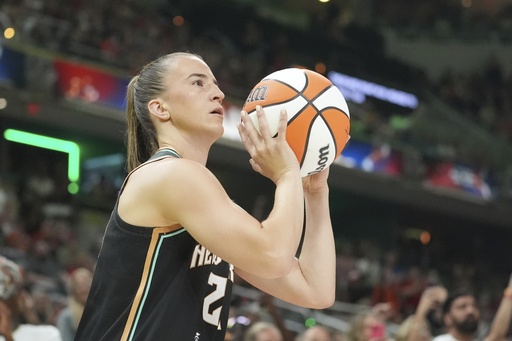 New York Liberty's Sabrina Ionescu shoots during the 3-point contest at the WNBA All-Star basketball weekend, Friday, July 18, 2025, in Indianapolis. (AP Photo/Michael Conroy)