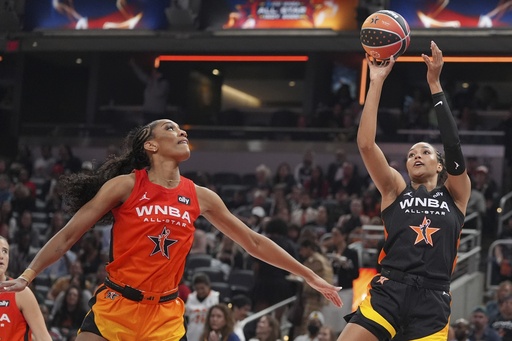 Minnesota Lynx's Napheesa Collier, right, shoots against Las Vegas Aces' A'ja Wilson during the second half of a WNBA All-Star basketball game, Saturday, July 19, 2025, in Indianapolis. (AP Photo/Michael Conroy)