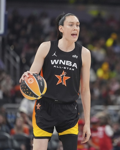 New York Liberty's Breanna Stewart dribbles during the second half of a WNBA All-Star basketball game against Team Clark, Saturday, July 19, 2025, in Indianapolis. (AP Photo/Michael Conroy)