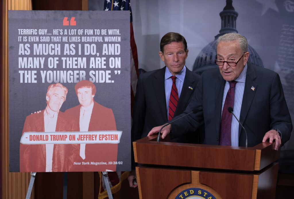 Senate Minority Leader Chuck Schumer, D-N.Y., speaks during a news conference with Senate Homeland Security and Governmental Affairs Committee member Sen. Richard Blumenthal, D-Conn., demanding the release of the Epstein files at the U.S. Capitol on July 30, 2025 in Washington, DC.  (Photo by Chip Somodevilla/Getty Images)