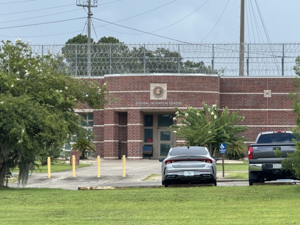 The Federal Corrections Institution in Tallahassee, Florida, photographed on Thursday, July 24, 2025. Ghislaine Maxwell, former girlfriend of the late financier and Florida sex offender Jeffrey Epstein, is serving a 20-year sentence at the low-security prison for conspiring with Epstein to sexually abuse girls. (Photo by Christine Sexton/Florida Phoenix)