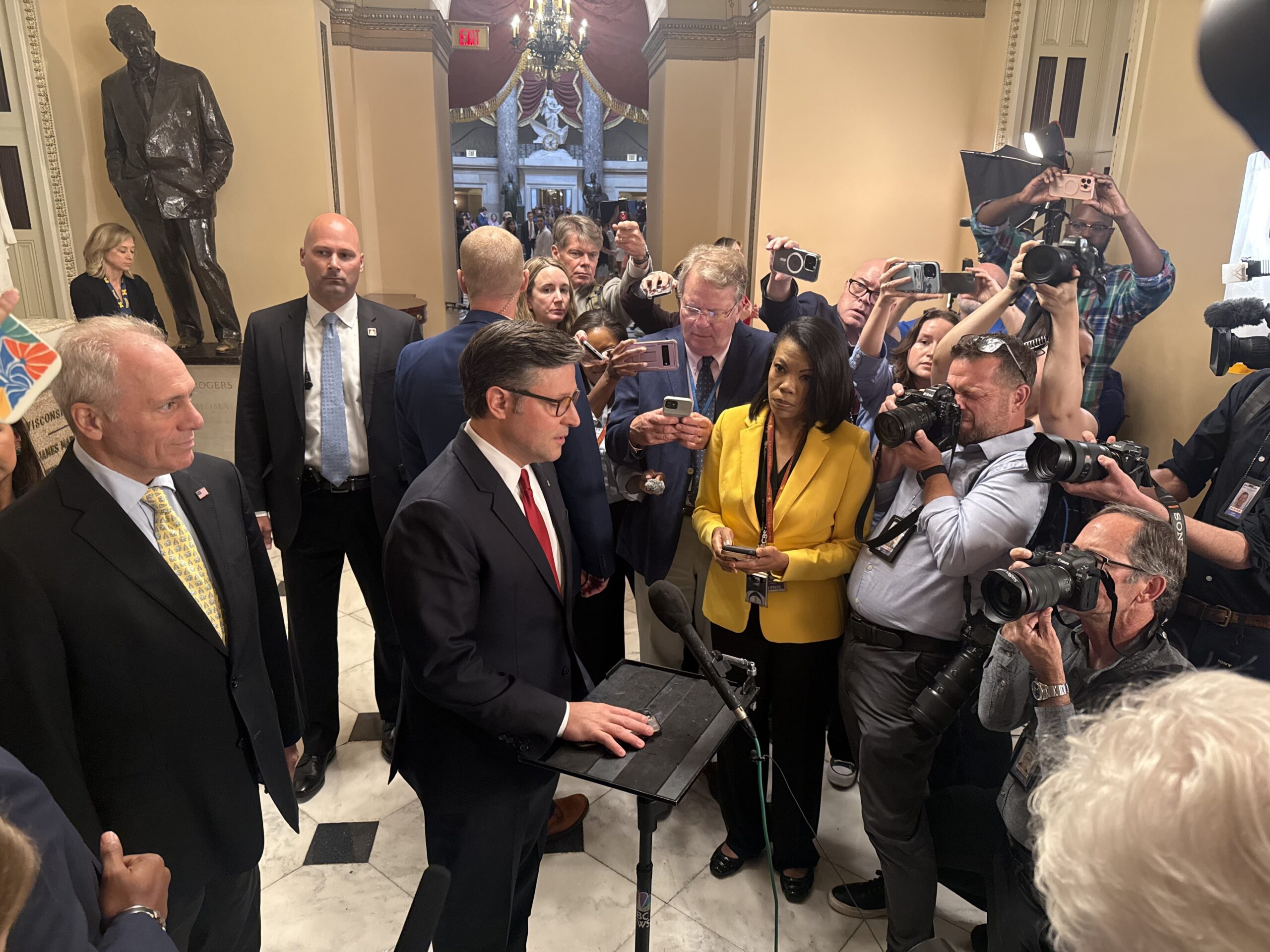 House Speaker Mike Johnson, R-La., speaks to reporters inside the Capitol building in Washington., D.C., on Wednesday, July 2, 2025. (Photo by Jennifer Shutt/States Newsroom) House Speaker Mike Johnson, R-La., speaks to reporters inside the Capitol building in Washington., D.C., on Wednesday, July 2, 2025. (Photo by Jennifer Shutt/States Newsroom)