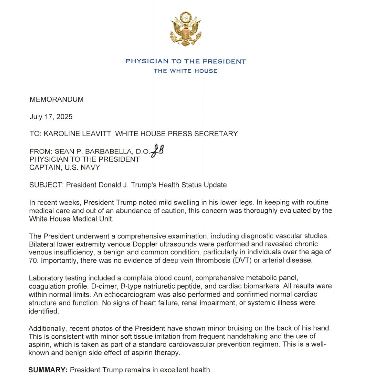The White House Office of Communications released a letter from President Donald Trump's physician on July 17, 2025.