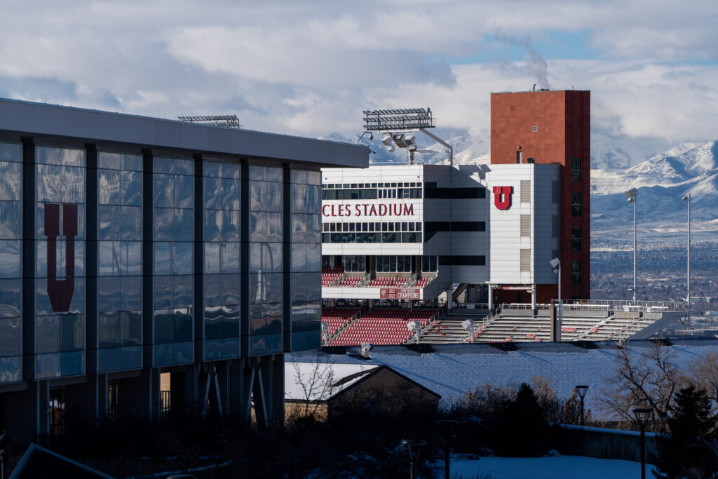 Rice-Eccles Stadium on the University of Utah campus in Salt Lake City is pictured on Monday, Jan. 15, 2024. (Photo by Spenser Heaps for Utah News Dispatch)