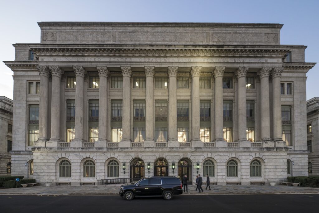 The U.S. Department of Agriculture's Jamie L. Whitten Federal Building in Washington, D.C., pictured on Dec. 18, 2017.  (USDA photo by Preston Keres)