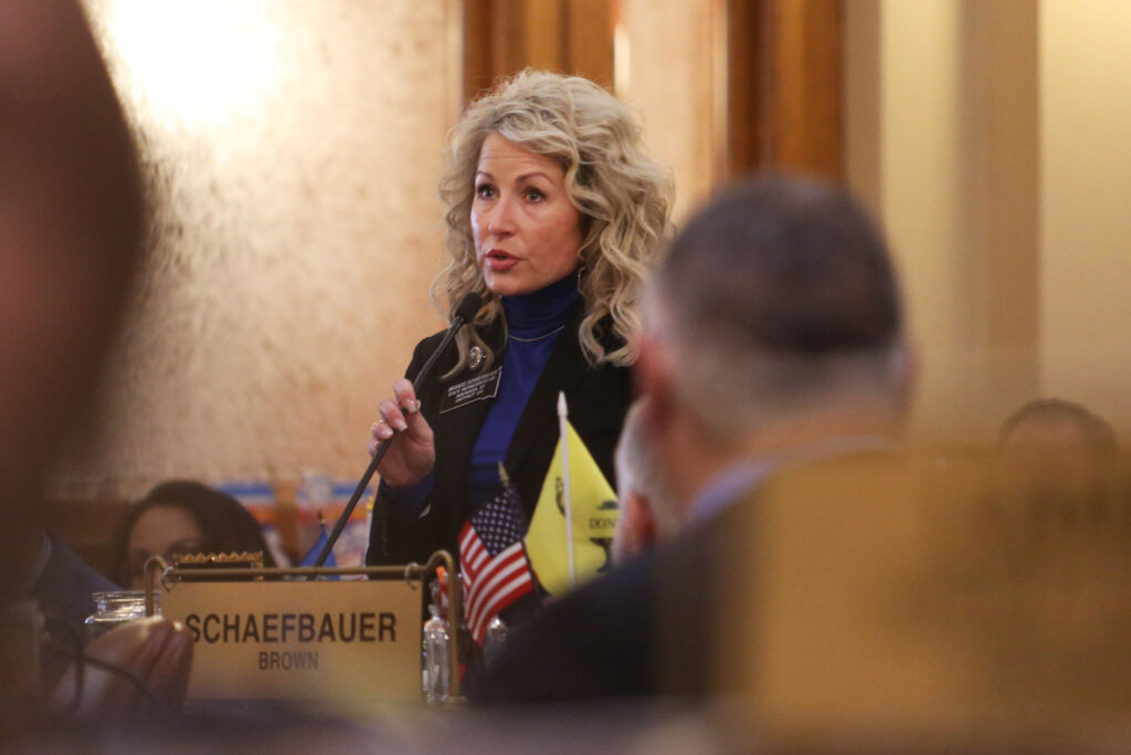 Rep. Brandei Schaefbauer, R-Aberdeen, speaks on the House floor on Jan. 17, 2024. (Makenzie Huber/South Dakota Searchlight)