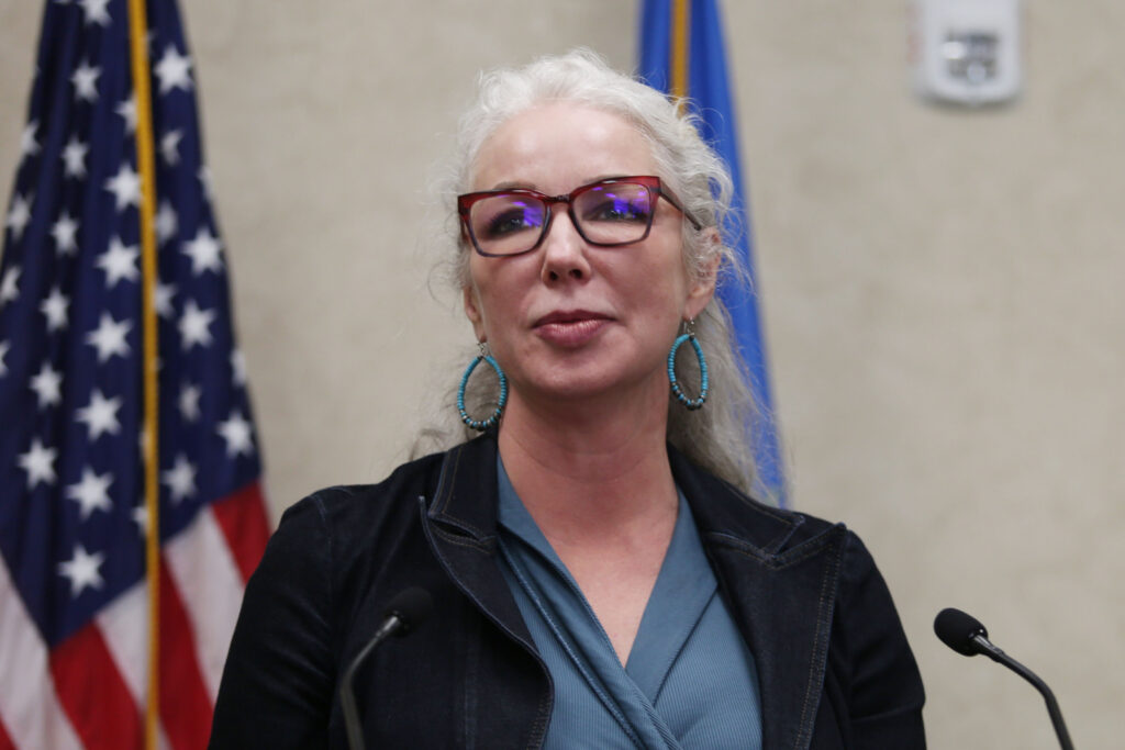 South Dakota Department of Health Secretary Melissa Magstadt speaks at a press conference in Sioux Falls on April 25, 2025. (Makenzie Huber/South Dakota Searchlight)