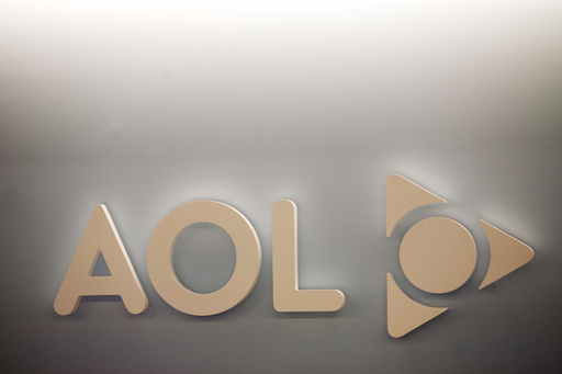 FILE - The AOL logo is shown on a wall of the company's New York office, on Monday, May 12, 2008. (AP Photo/Mark Lennihan, File)