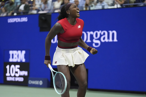 Coco Gauff, of the United States, celebrates winning a match agains Ajla Tomljanovic, of Australia, during the first round of the U.S. Open tennis championships, Tuesday, Aug. 26, 2025, in New York. (AP Photo/Frank Franklin II)
