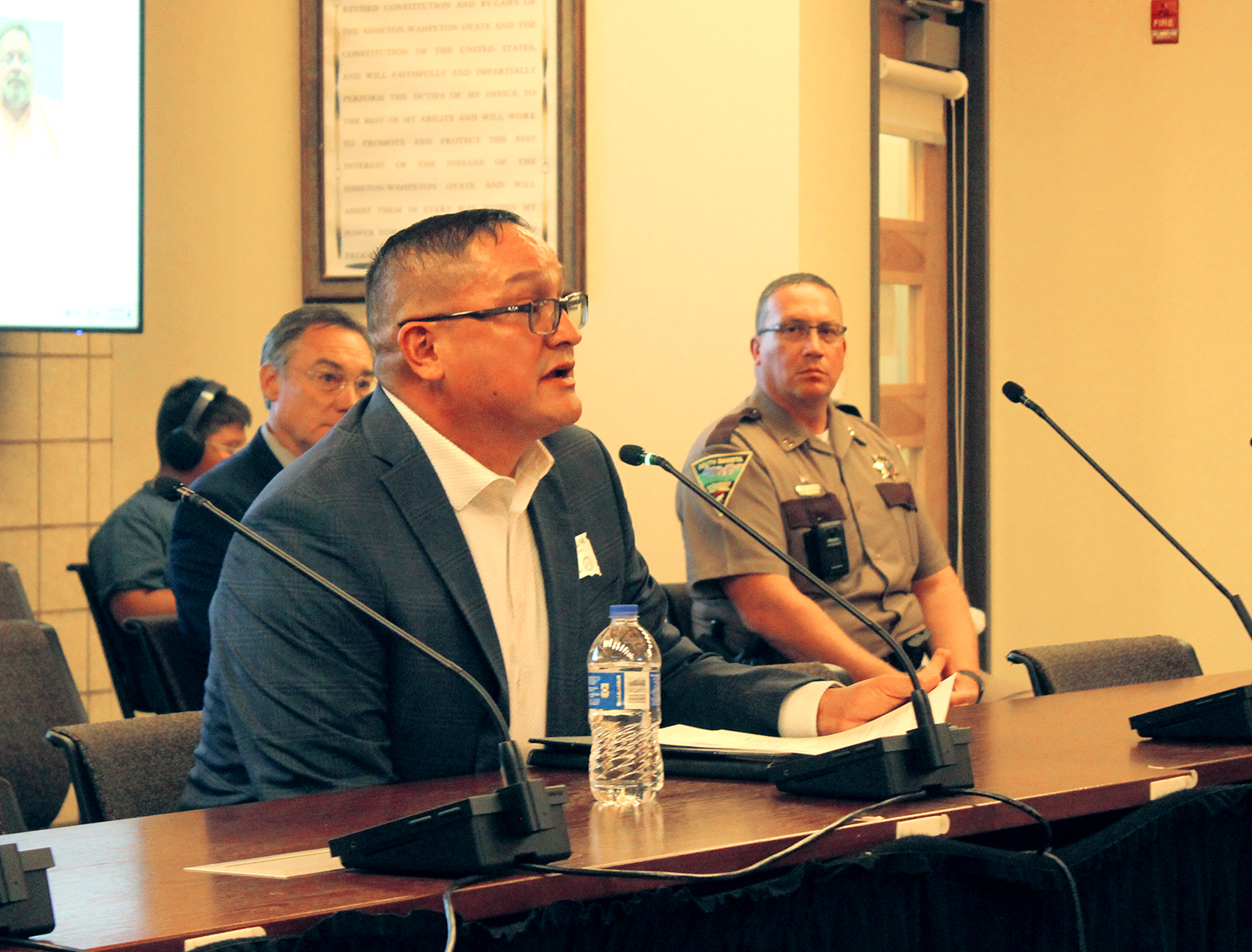 South Dakota Tribal Relations Secretary Algin Young speaks to the State-Tribal Relations Committee on July 31, 2025 in Agency Village. (John Hult/South Dakota Searchlight)