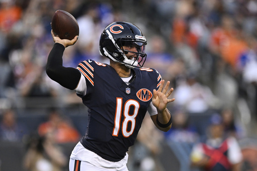 Chicago Bears quarterback Caleb Williams (18) throws a pass in the first half of a preseason NFL football game against the Buffalo Bills Sunday, Aug. 17, 2025, in Chicago. (AP Photo/Paul Beaty)
