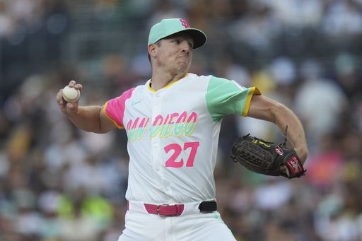 San Diego Padres starting pitcher Nick Pivetta works against a St. Louis Cardinals batter during the second inning of a baseball game Friday, Aug. 1, 2025, in San Diego. (AP Photo/Gregory Bull)