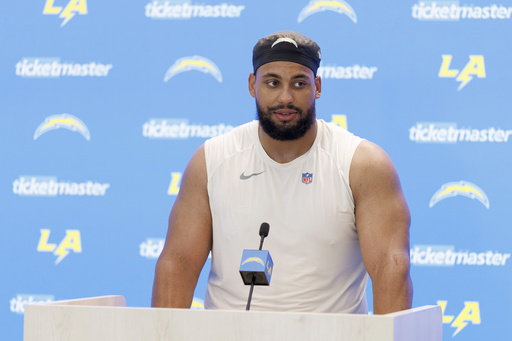 Los Angeles Chargers offensive tackle Rashawn Slater speaks during a press conference after an NFL training camp Monday, July 28, 2025, in El Segundo, Calif. (AP Photo/Eric Thayer)