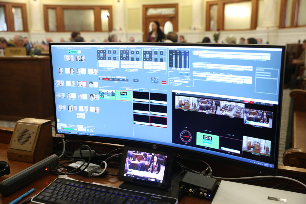 South Dakota Public Broadcasting livestreams Senate floor debate on Jan. 21, 2025. (Makenzie Huber/South Dakota Searchlight)
