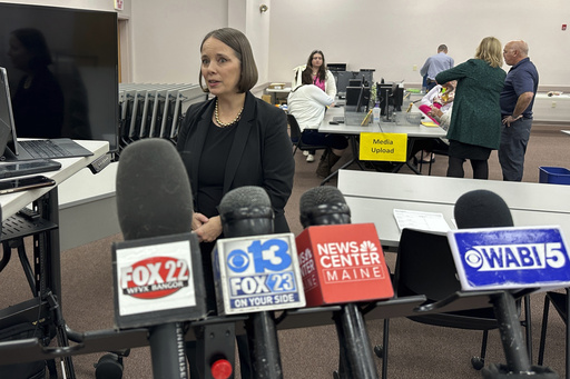 FILE - Maine's Secretary of State Shenna Bellows addresses a livestream as election workers scan ballots, Nov. 12, 2024, in Augusta Maine. (AP Photo/David Sharp, File)
