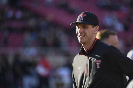FILE - Texas Tech offensive coordinator Zach Kittley on the field before an NCAA college football game between Texas Tech and Baylor Oct. 29, 2022, in Lubbock, Texas. (AP Photo/Justin Rex, File)