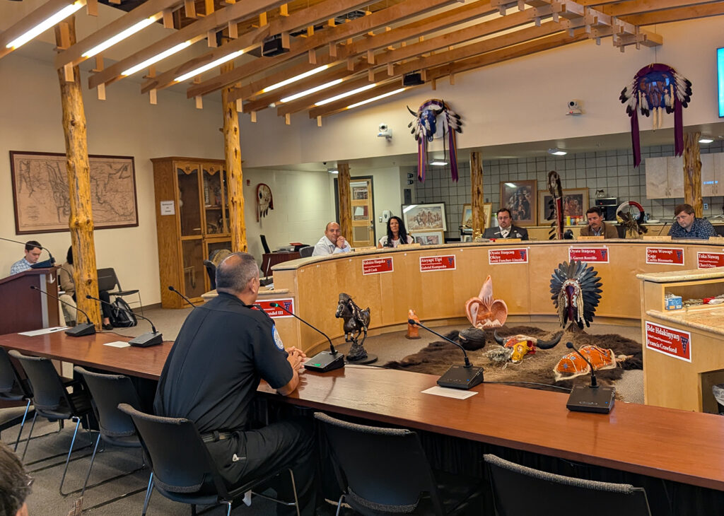 Sisseton-Wahpeton Police Captain Gary Gaikowski speaks to the State-Tribal Relations Committee on July 31, 2025, in Agency Village. (John Hult/South Dakota Searchlight)