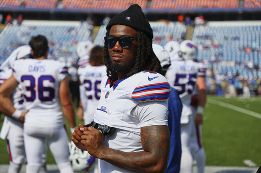 Buffalo Bills' James Cook stands on the sidelines during the second half of an NFL preseason football game against the New York Giants Saturday, Aug. 9, 2025, in Orchard Park, N.Y. (AP Photo/Jeffrey T. Barnes)