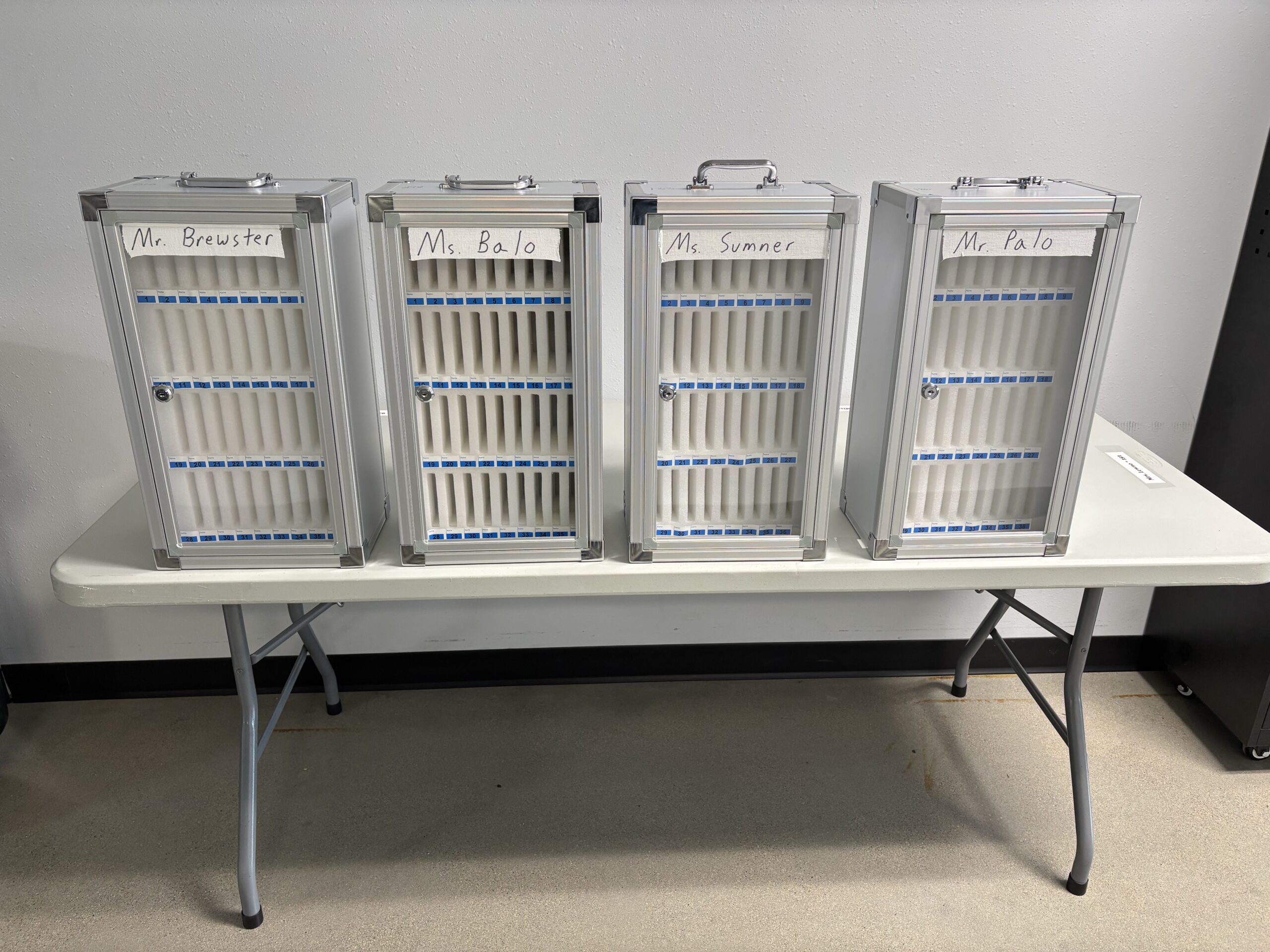 Starting this school year, students at Waverly-South Short High School in the Waverly School District place their phones in a slotted, locked box that corresponds with their last period teacher's name. The boxes are brought to the classrooms at the end of the school day. (Courtesy of Waverly School District)