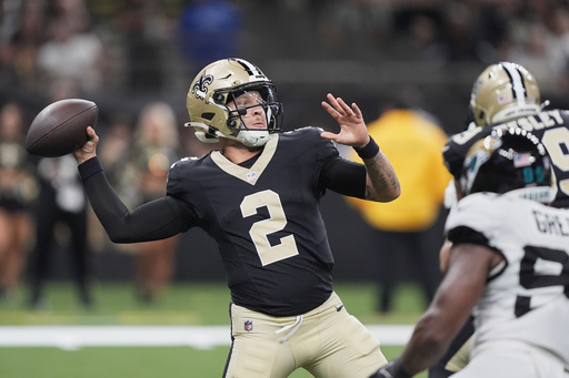 New Orleans Saints quarterback Spencer Rattler (2) throws a pass against the Jacksonville Jaguars in the second half of an NFL preseason football game in New Orleans, Sunday, Aug. 17, 2025. (AP Photo/Gerald Herbert)