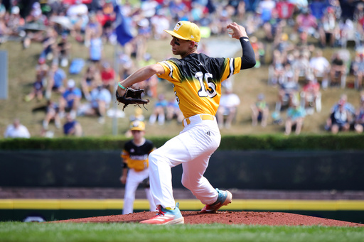 Irmo, S.C.'s Joe Giulietti pitches against Braintree, Mass., during the first inning of a baseball game at the Little League World Series, Thursday, Aug. 14, 2025, in South Williamsport, Pa. (AP Photo/Jared Freed)