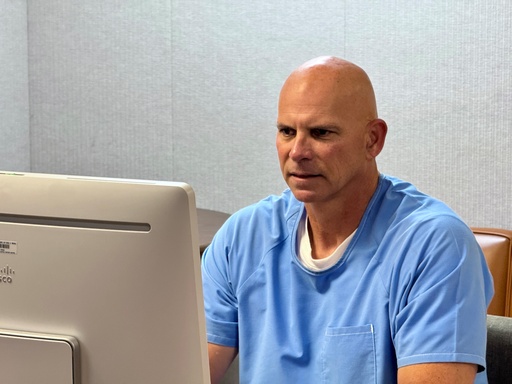 Lyle Menendez appears before the parole board via teleconference on Friday, Aug 22, 2025, at the Richard J. Donovan Correctional Facility in San Diego. (California Department of Corrections via AP)