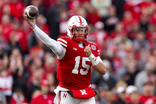 FILE - Nebraska quarterback Dylan Raiola (15) throws a pass during the first half of an NCAA college football game against Wisconsin, Saturday, Nov. 23, 2024, in Lincoln, Neb. (AP Photo/Rebecca S. Gratz, File)