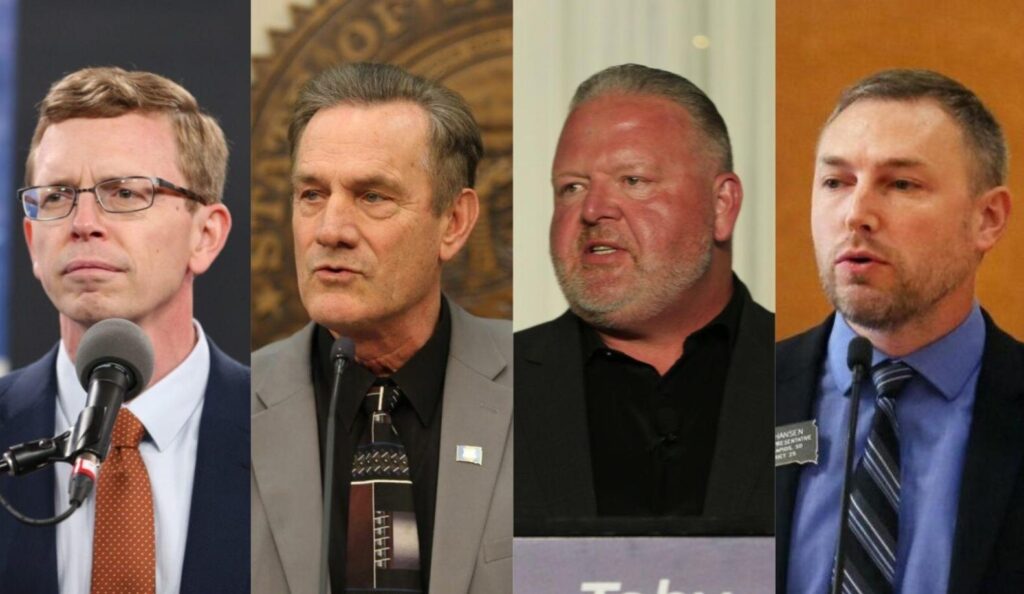 From left, U.S. Rep. Dusty Johnson, Gov. Larry Rhoden, Aberdeen businessman Toby Doeden, and state House Speaker Jon Hansen. (South Dakota Searchlight images)