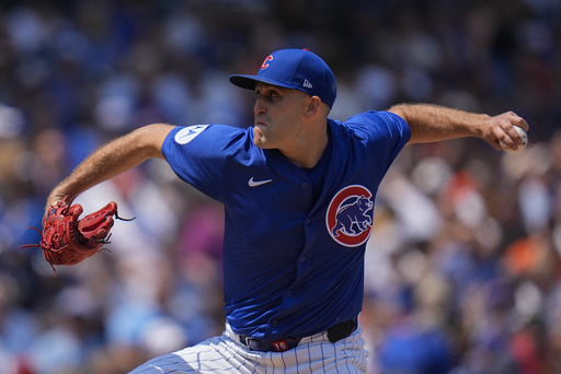 Chicago Cubs starting pitcher Matthew Boyd (16) throws against the Baltimore Orioles during the second inning of a baseball game Saturday, Aug. 2, 2025, in Chicago. (AP Photo/Erin Hooley)