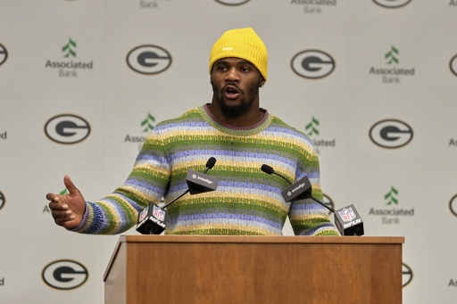 Green Bay Packers Micah Parsons speaks at his introductory news conference Friday, Aug. 29, 2025, in Green Bay, Wis. (AP Photo/Morry Gash)